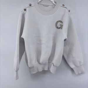 Guess Embellished Logo Knit Sweater‎ w/ Button Detail - Ivory Cream Girls size 8